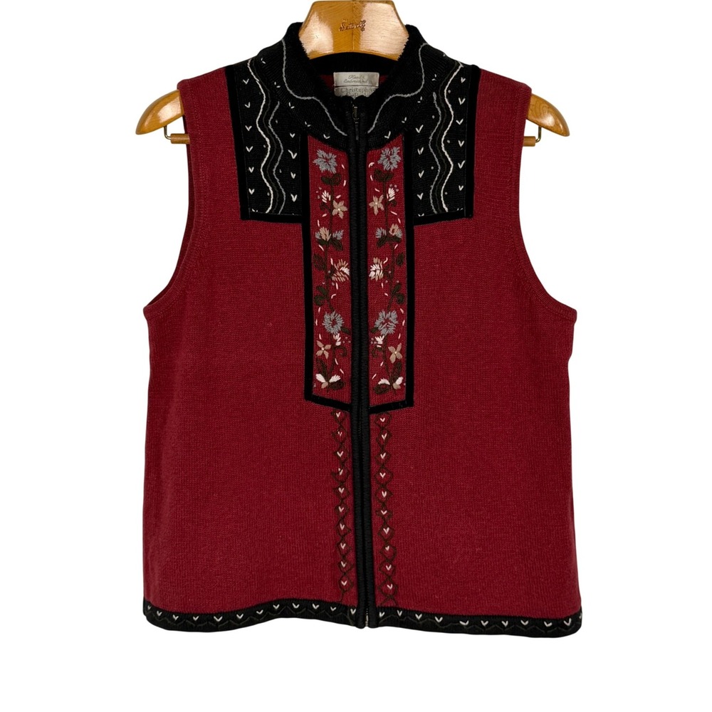 Christopher & Banks Knit Vest Hand Embroidered Floral L Red Ramie Cotton Vintage